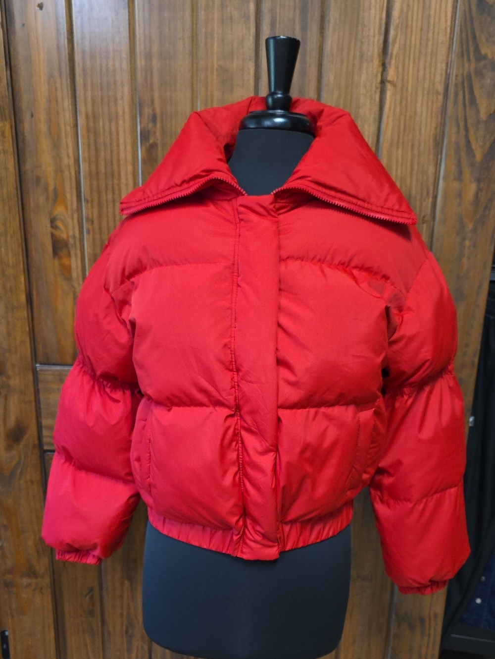 TCEC Red Cropped Puffer Jacket with High Collar - Size S